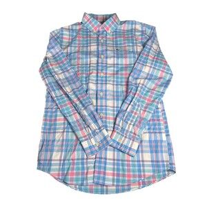 Vineyard Vines Whale Cotton Shirt Button Front Boys Blue Pink Plaid Strip Medium